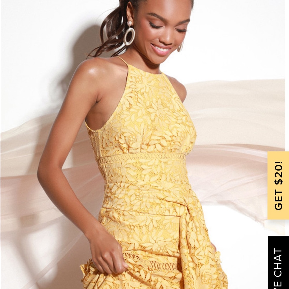 Lulu’s Imagine Golden Yellow Lace Midi Dress Small